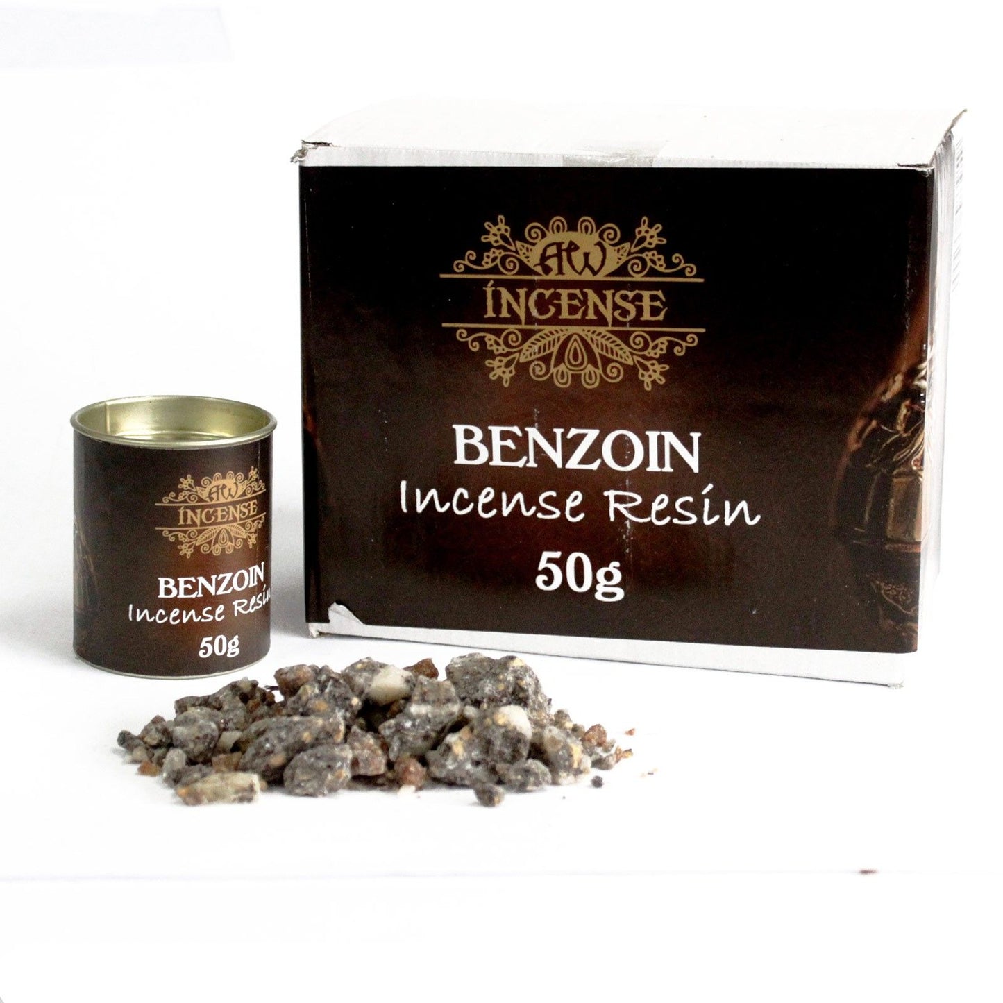 Benzoin Räucherharz in 50g Dose mit Räucherharz-Körnern.