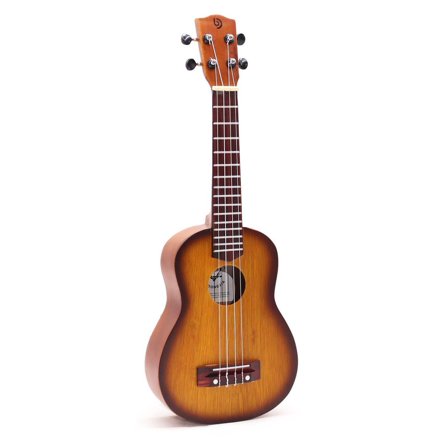 Orange sunburst finish ukulele with four strings.