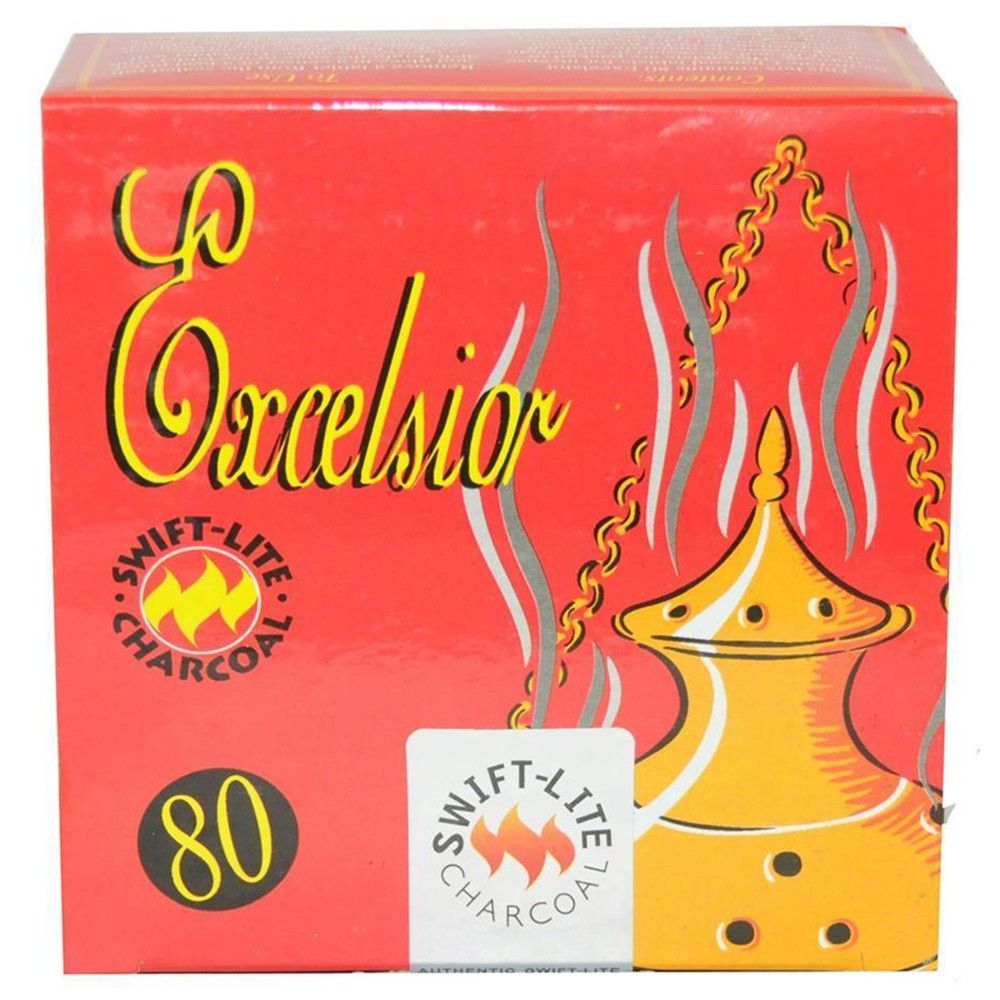 Räucherkohle Tabletten mit Aufdruck "Excelsior" und "80" auf rotem Karton.