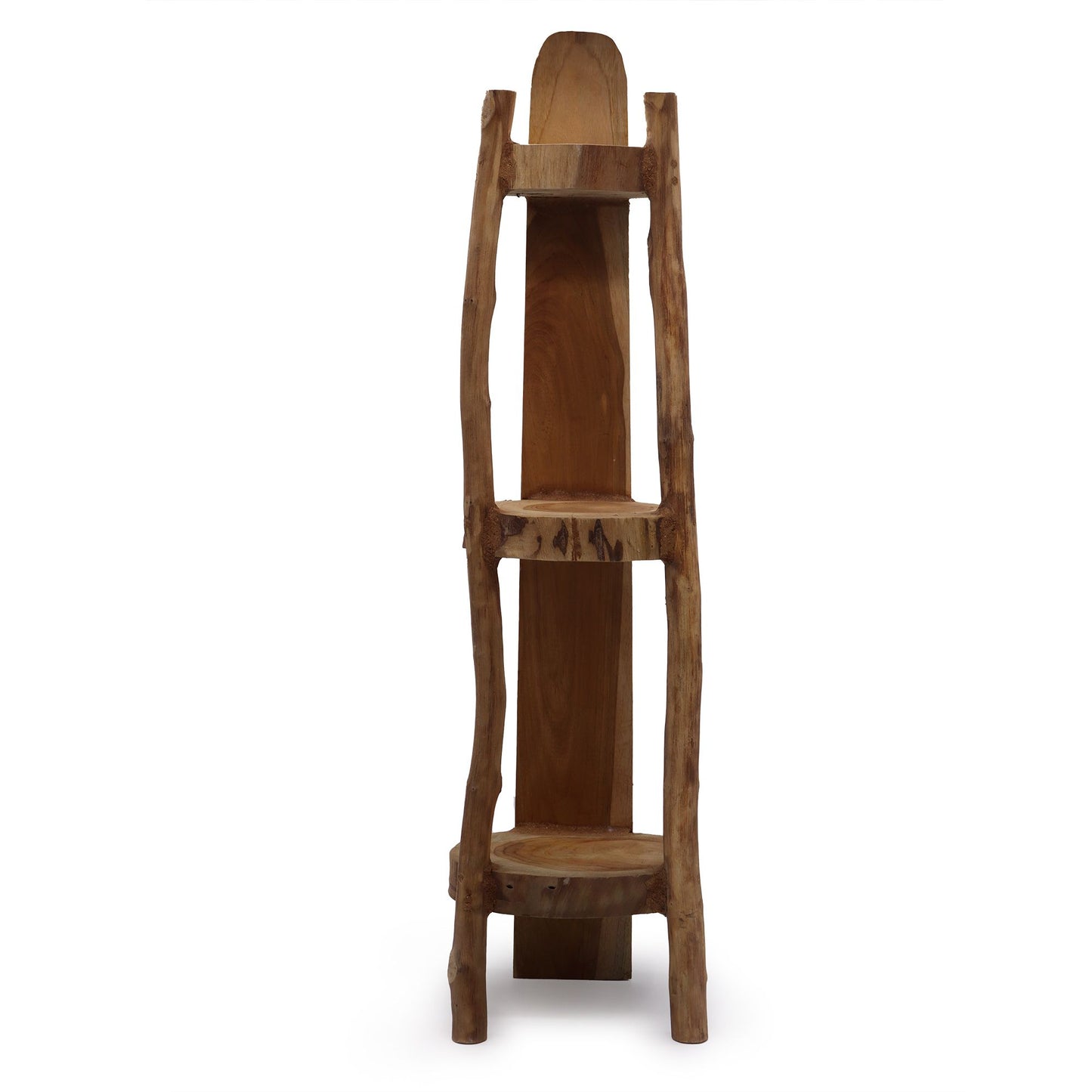 Teak-Eckregal mit drei Etagen, 98 cm hoch.