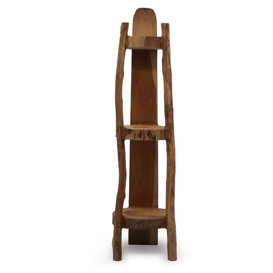 Teak-Eckregal mit drei Etagen, 98 cm hoch.