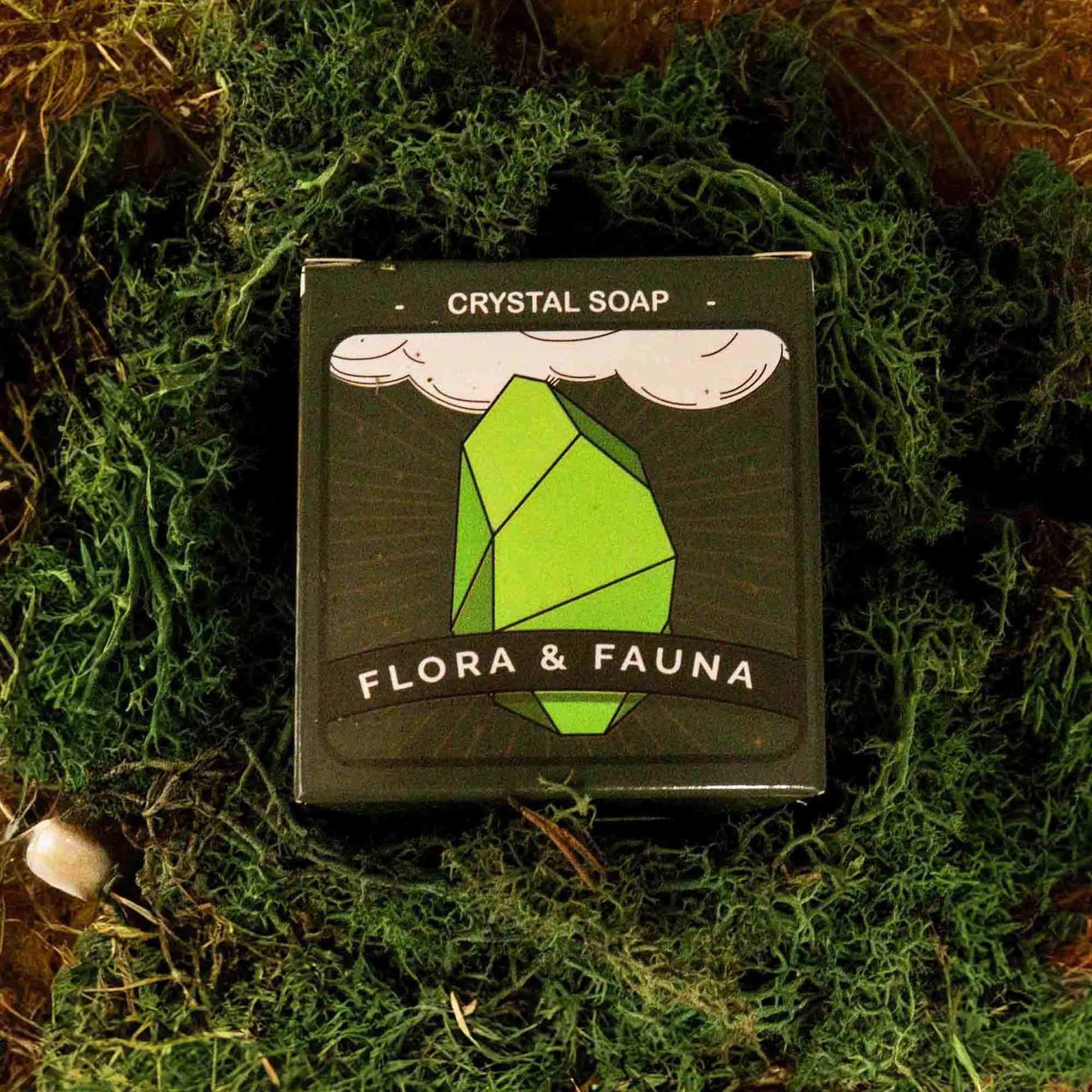 Crystal Elemental Soap - Earth box with a green crystal and clouds.