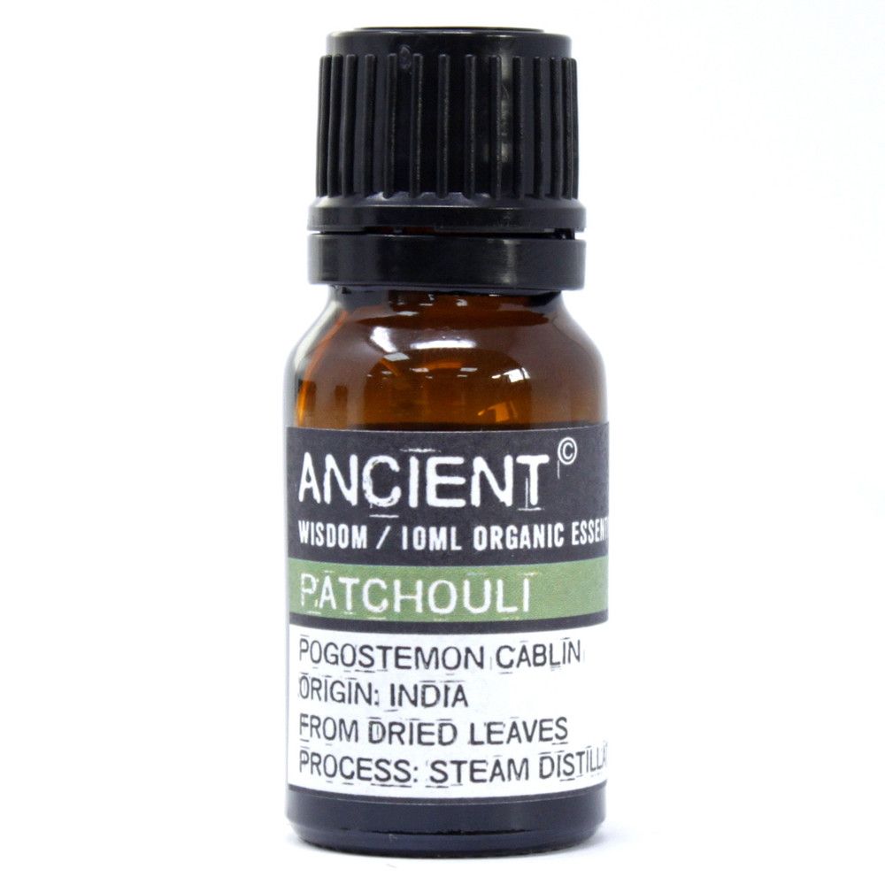 Eine 10ml Flasche Bio Patchouli Öl von Ancient Wisdom.