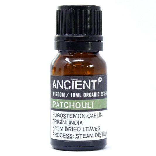 Eine 10ml Flasche Bio Patchouli Öl von Ancient Wisdom.