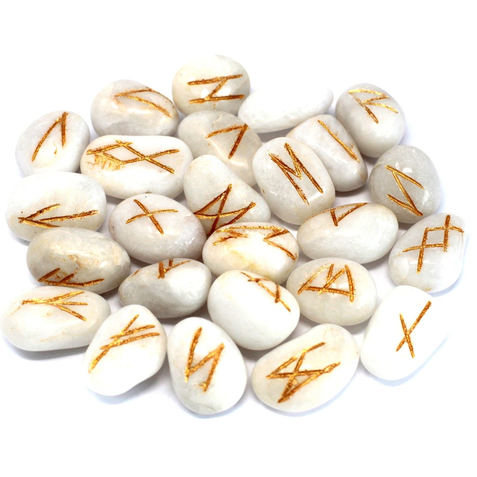 A set of white agate rune stones with gold symbols on a white background.