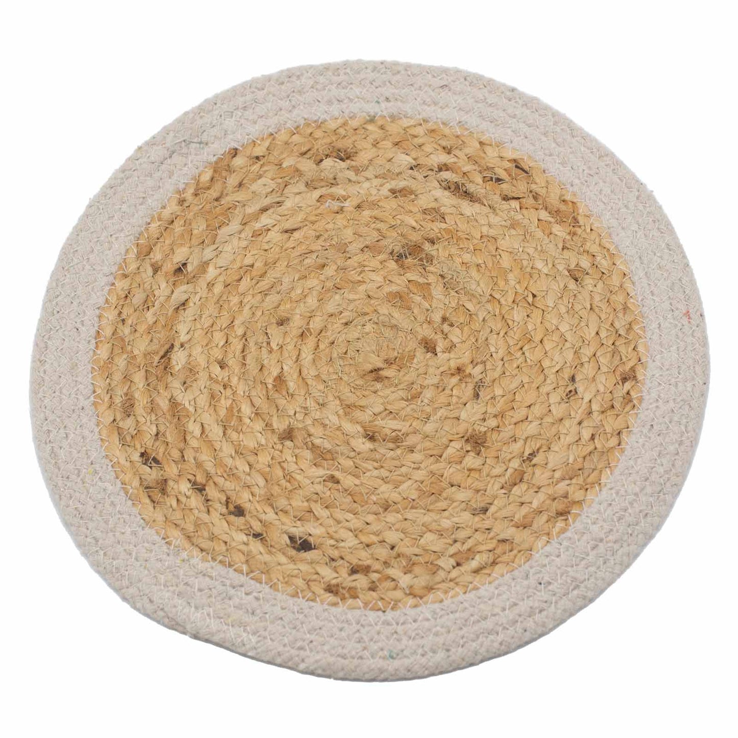Round jute and cotton placemat with an ivory border.