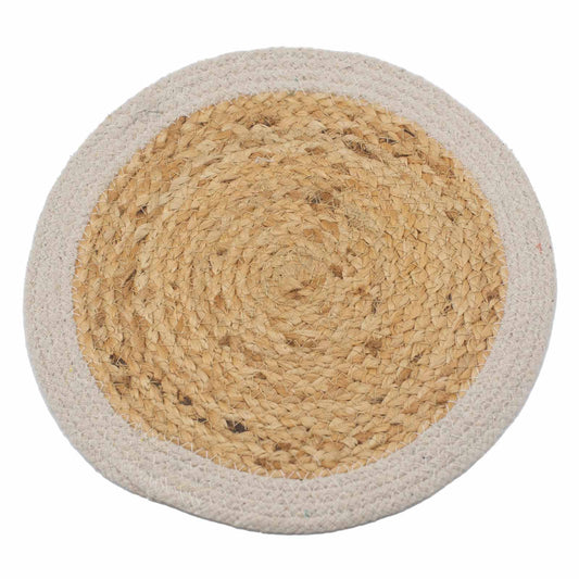 Round jute and cotton placemat with an ivory border.