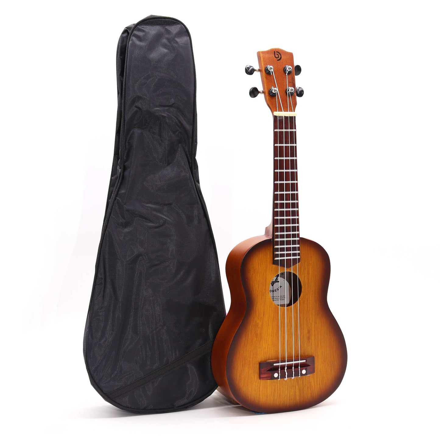 Orange sunburst finish ukulele with a black gig bag.