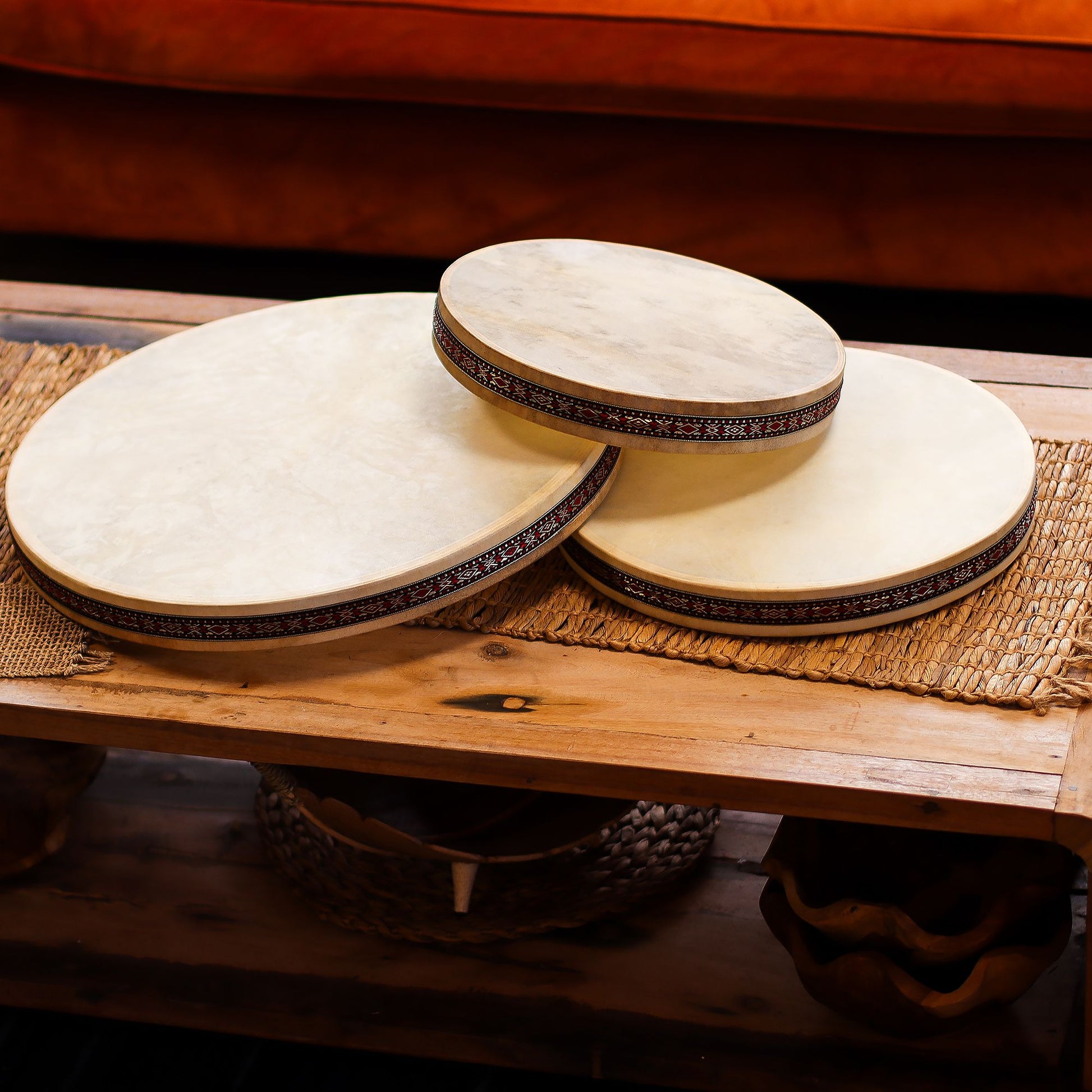 30cm shaman sound healing ocean drum with goatskin head and decorative frame.