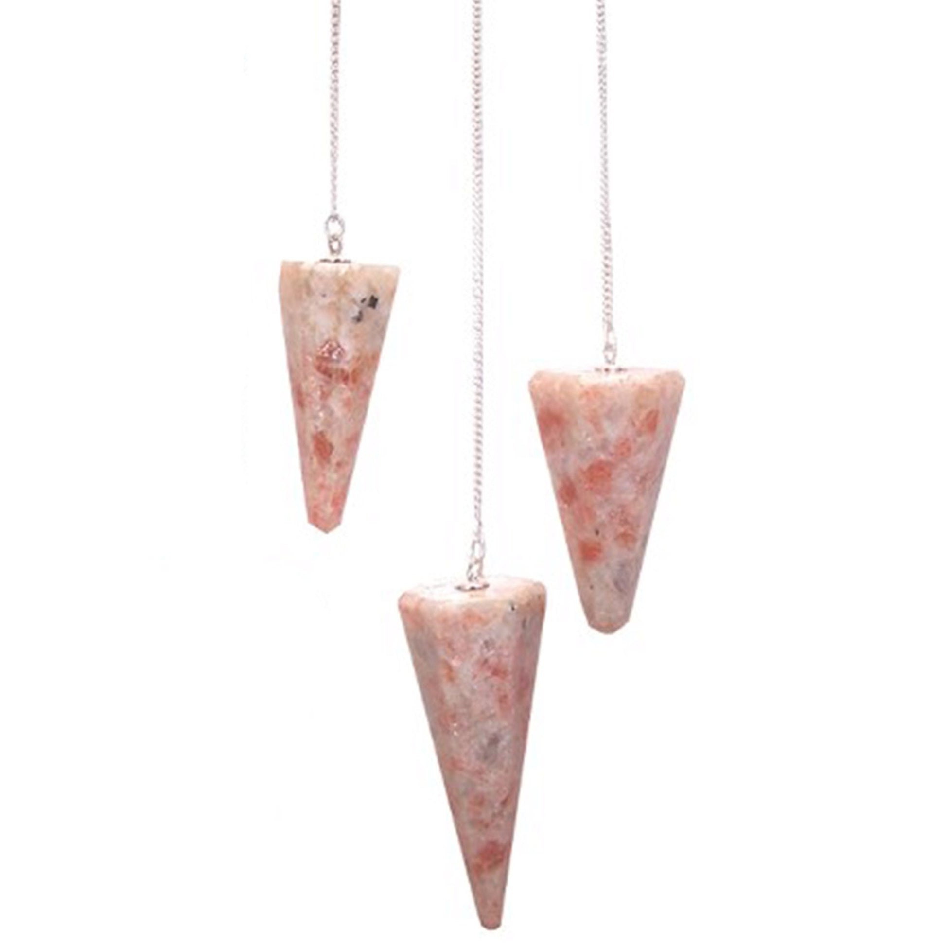 Three sunstone pendulums with silver chains hang against a white background.