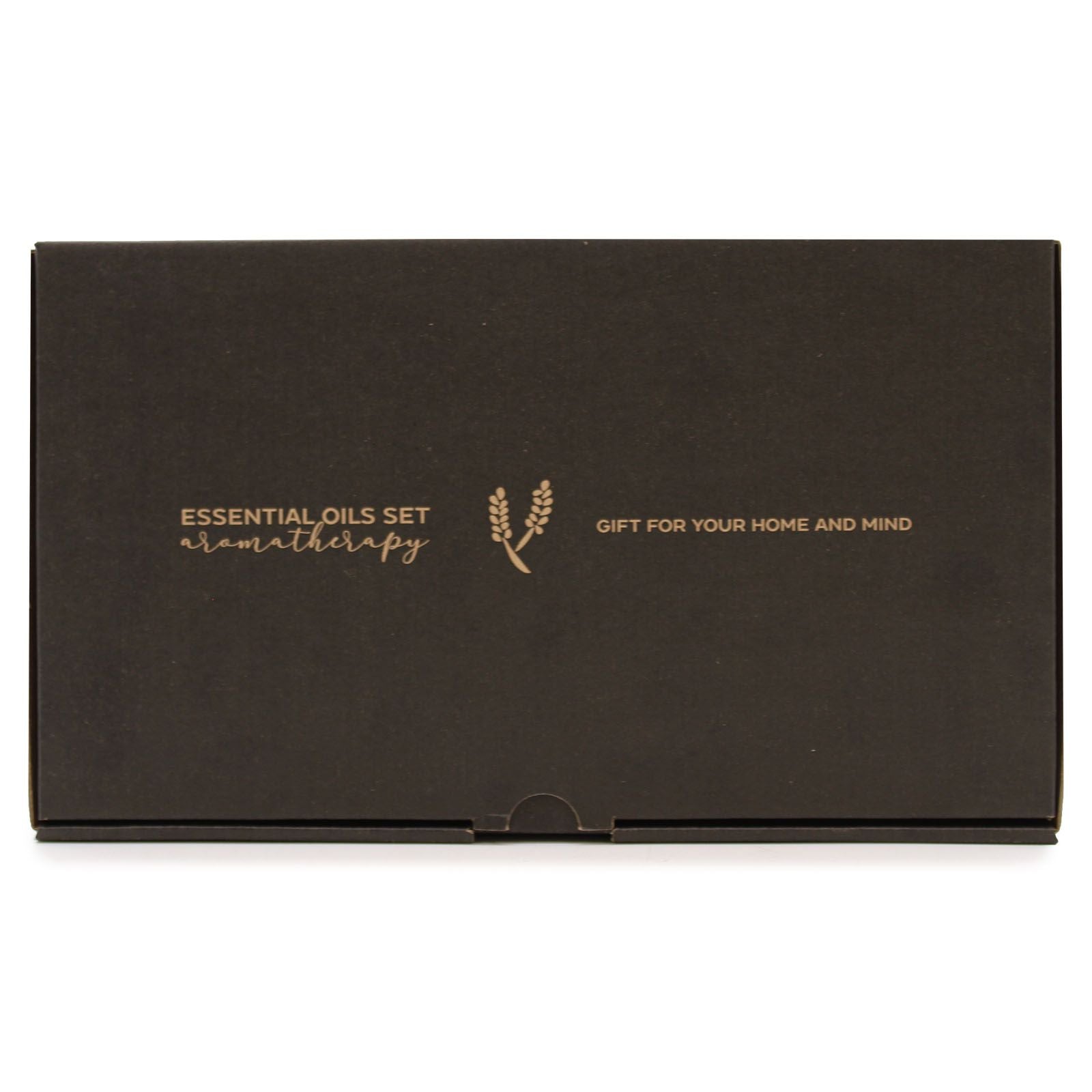 Schwarze Geschenkbox mit goldener Schrift für ein ätherisches Öl-Set.