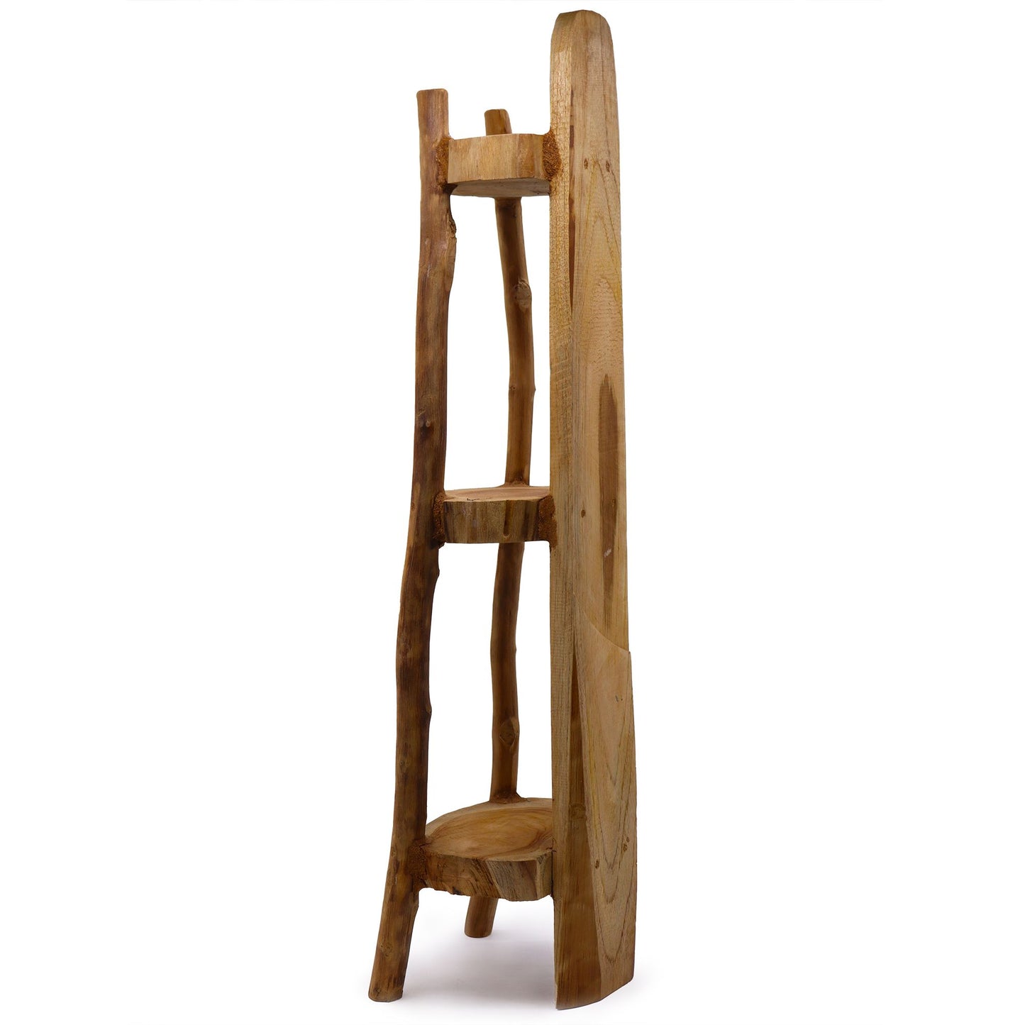 Teak-Eckregal mit 3 Etagen und natürlicher Holzoptik.
