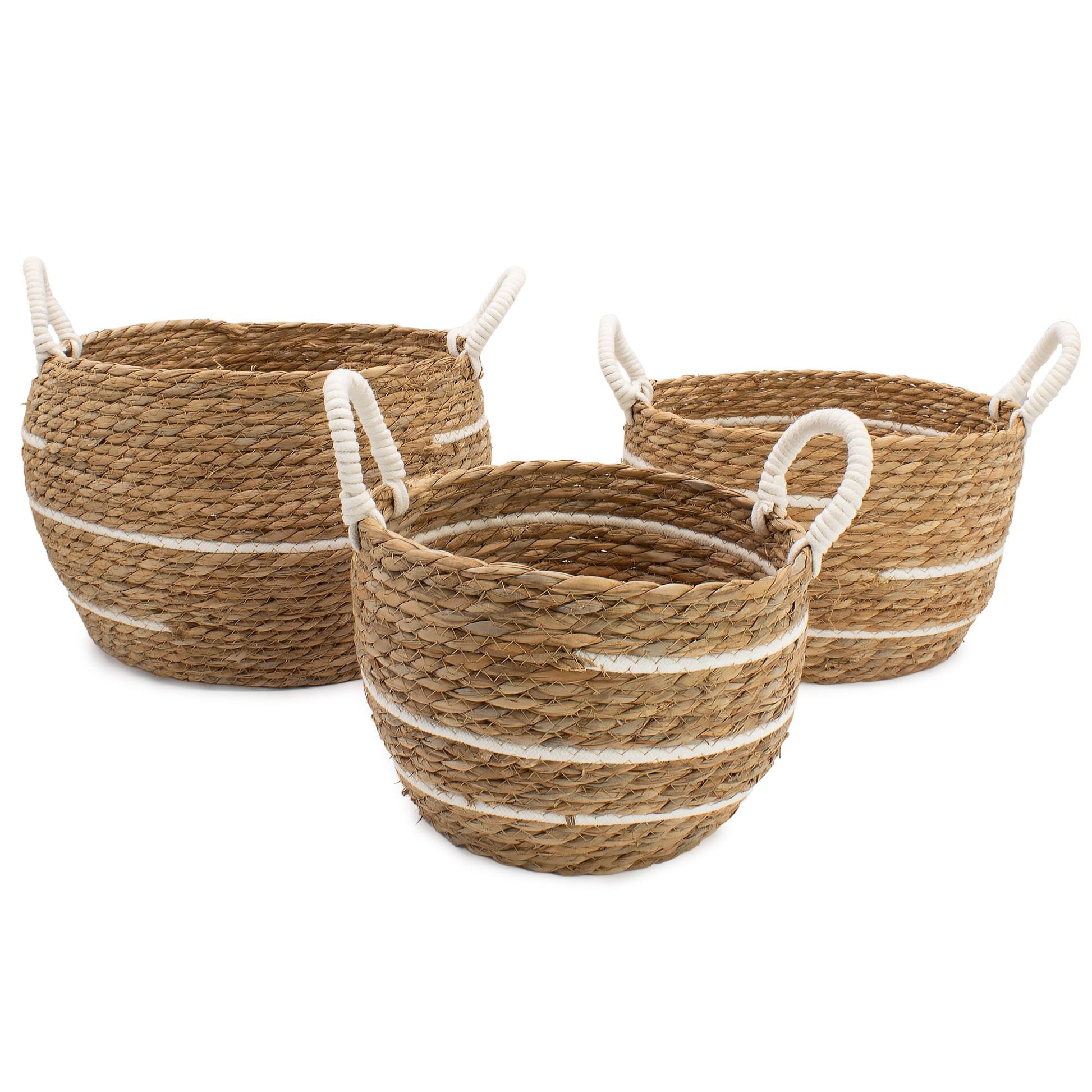 Set of three natural seagrass baskets with white stripes and rope handles.