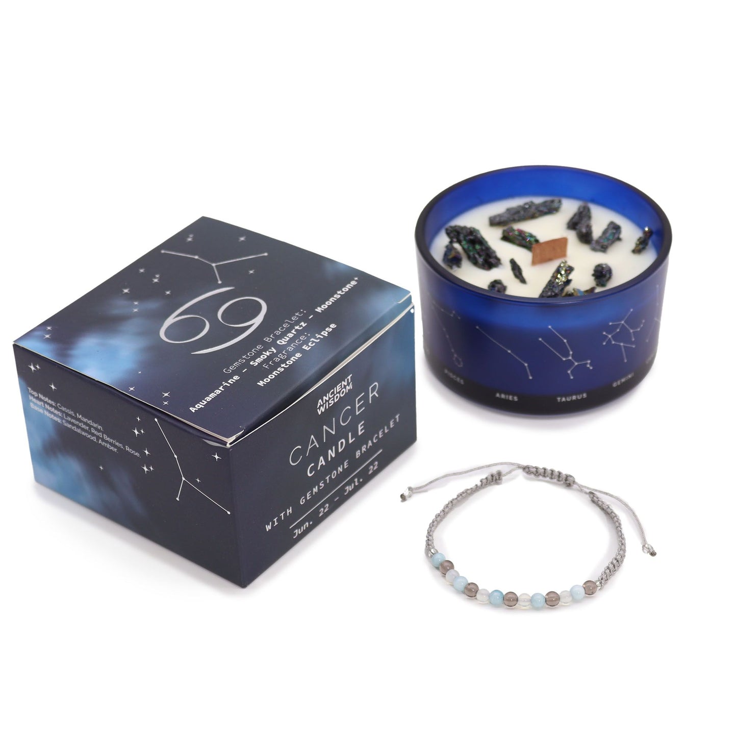 Krebs Kristallkerze mit Edelsteinarmband und Sternzeichen-Motiv.