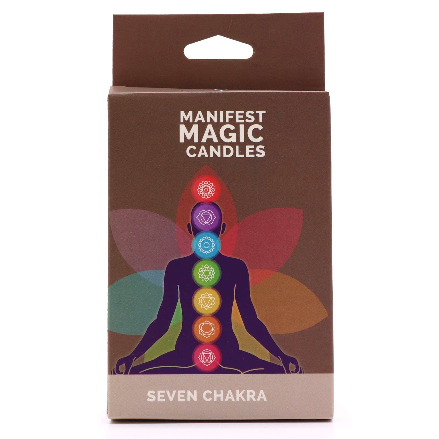 Farbige Manifestationskerzen Seven Chakra mit Chakren-Symbolen auf der Verpackung.