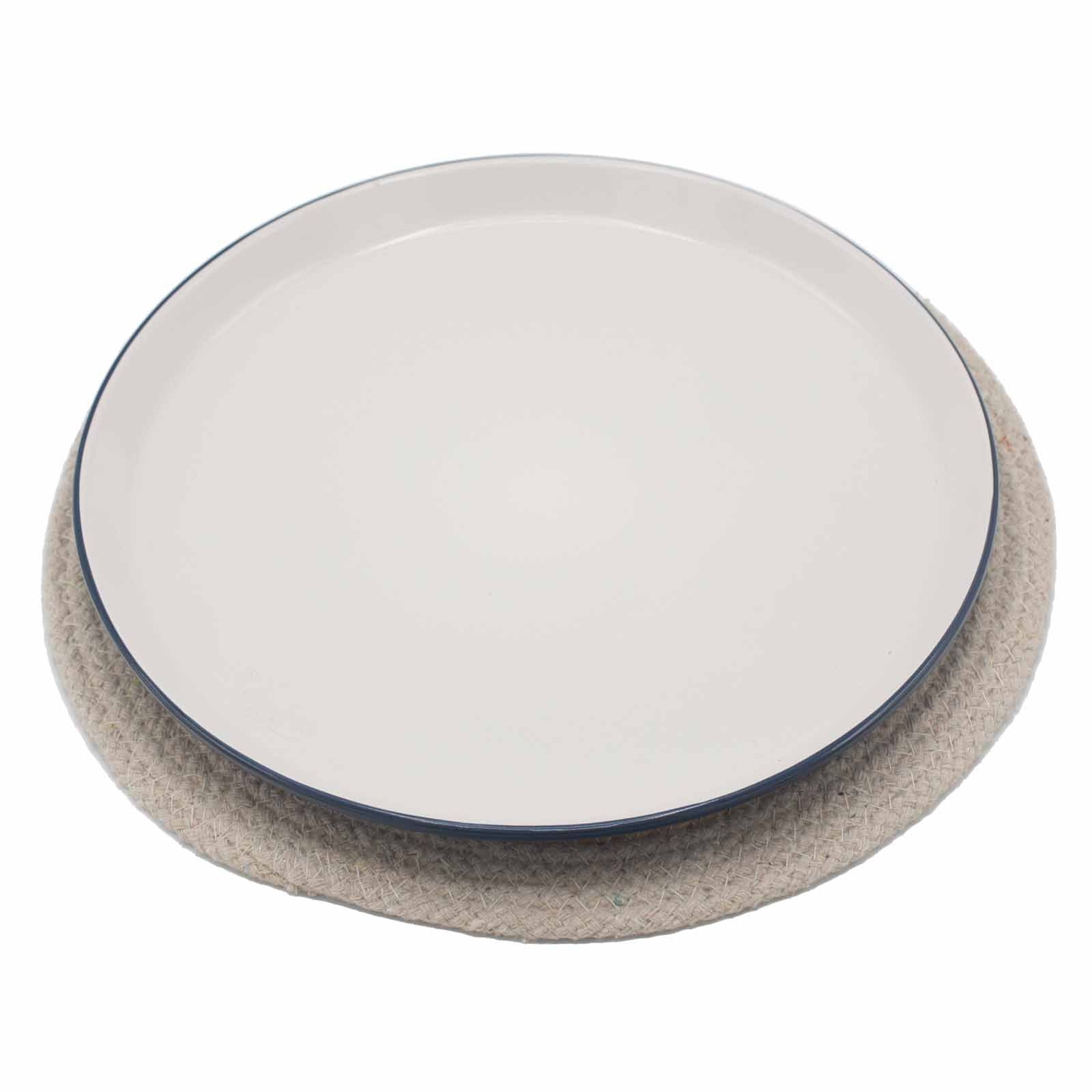 Round natural jute and cotton placemat with an ivory border.