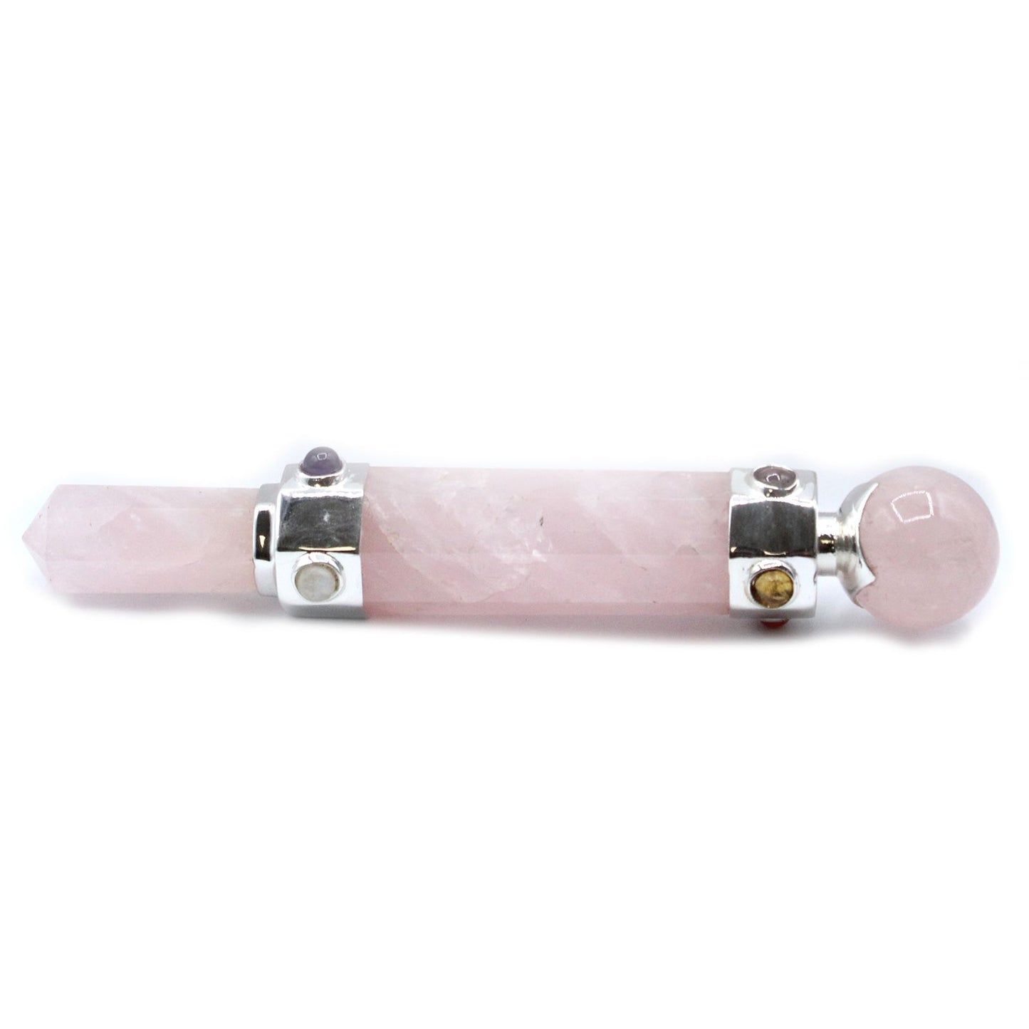 Hexagonal rose quartz crystal healing wand with silver accents and small colorful stones.