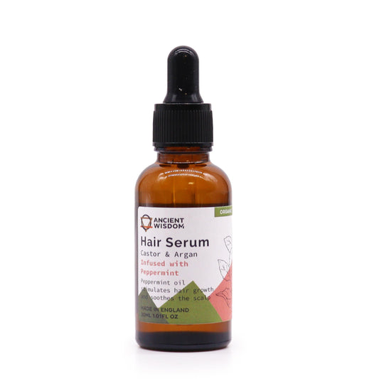 Bio-Pfefferminze Haarserum in brauner Glasflasche mit Pipette.