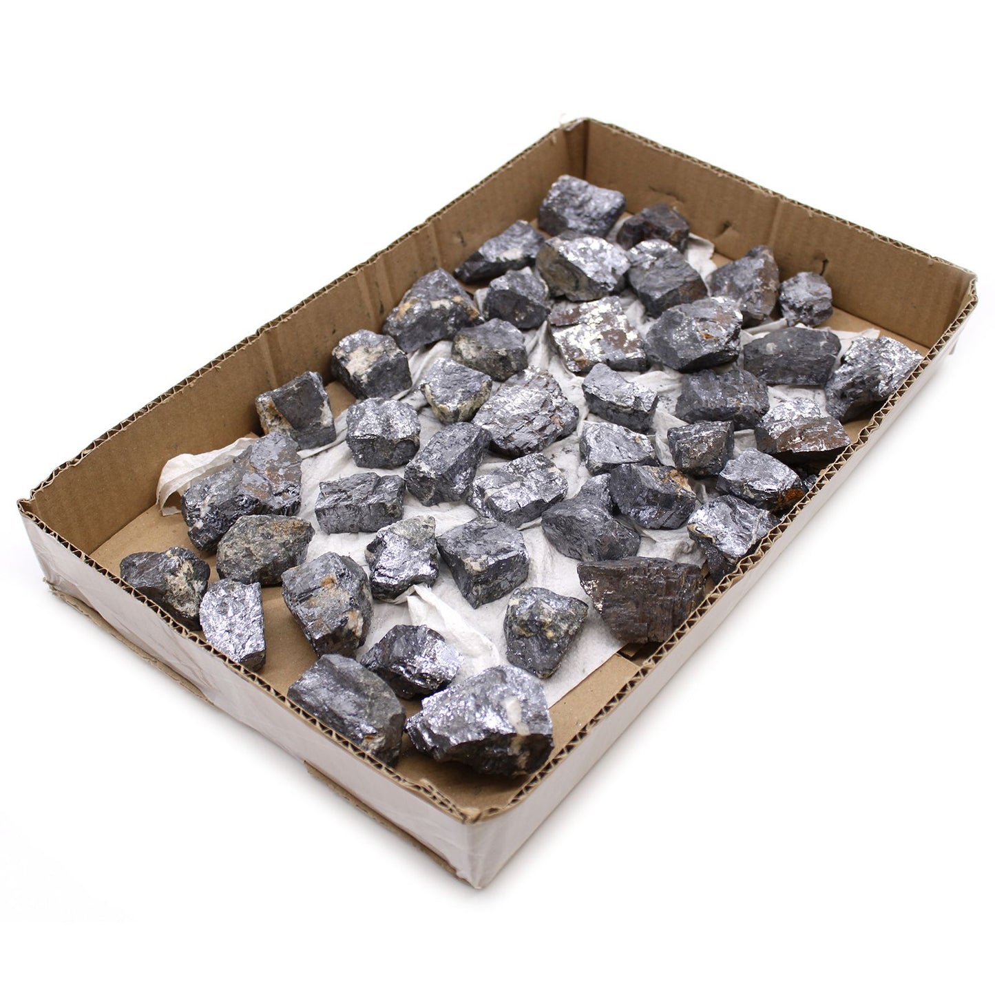 A box of approximately 80 raw galena mineral stones with a metallic luster.