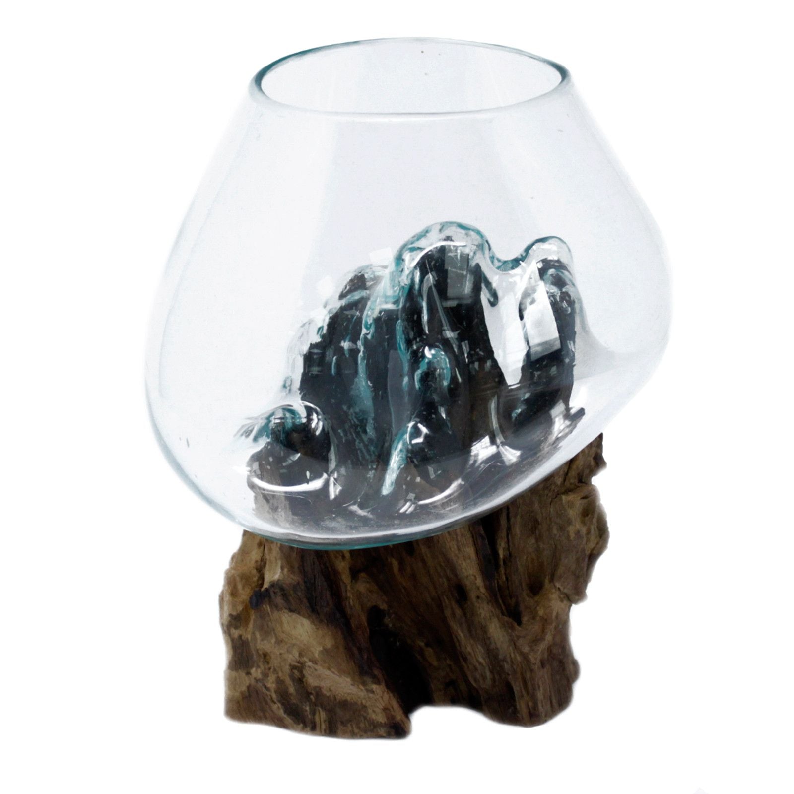 Große mundgeblasene Glasschale in Blaugrün auf Wurzelholz.