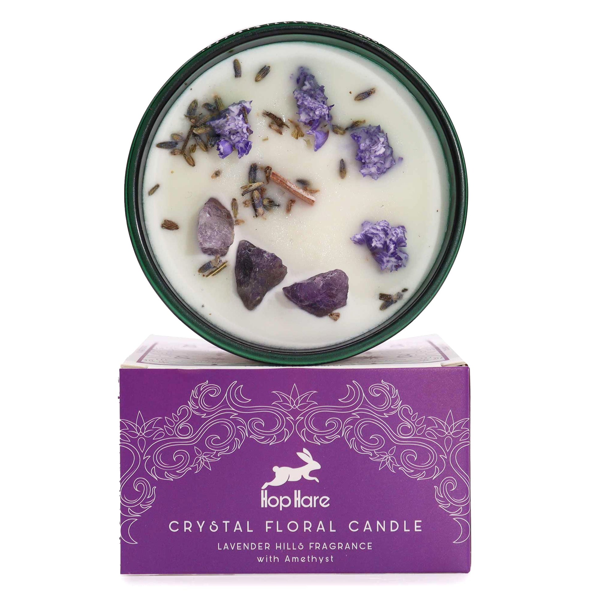 Kristallkerze aus Sojawachs mit Lavendel und Amethyst in grüner Dose.