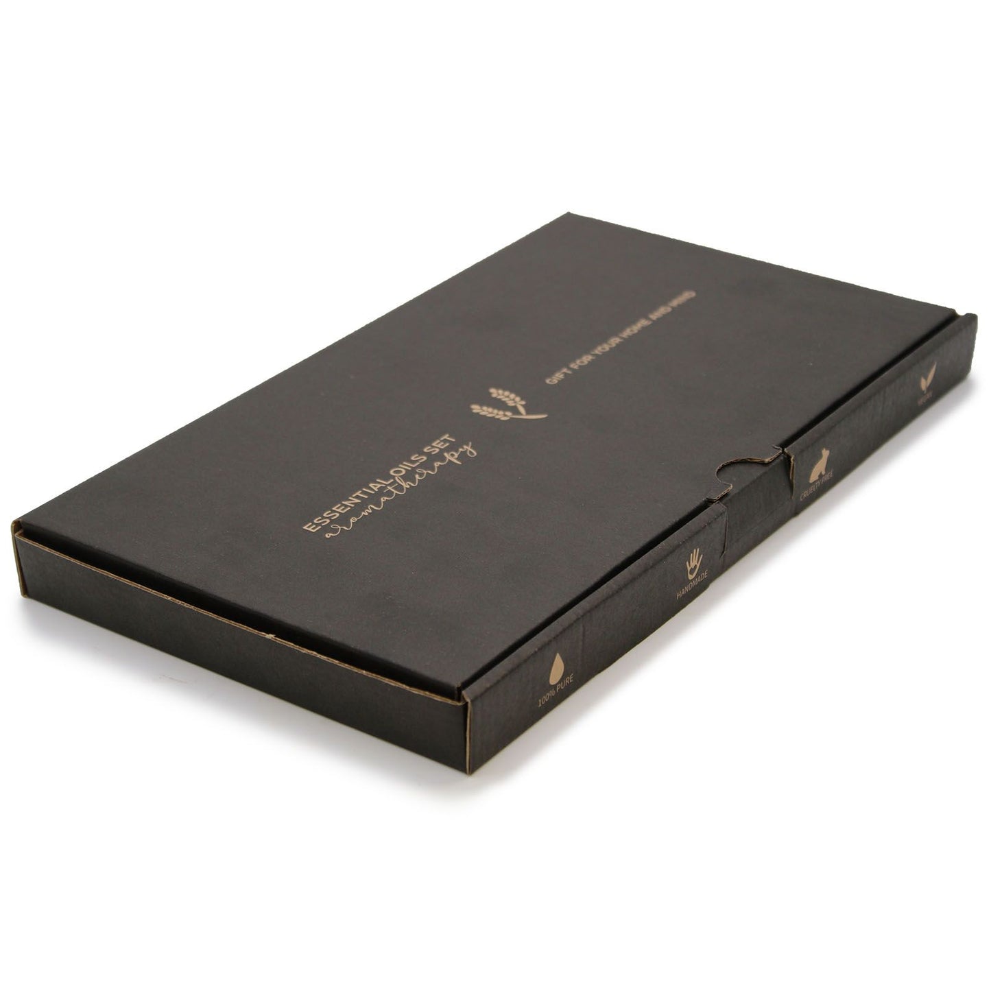 Schwarze Geschenkbox mit goldener Schrift für Aromatherapie-Öle.