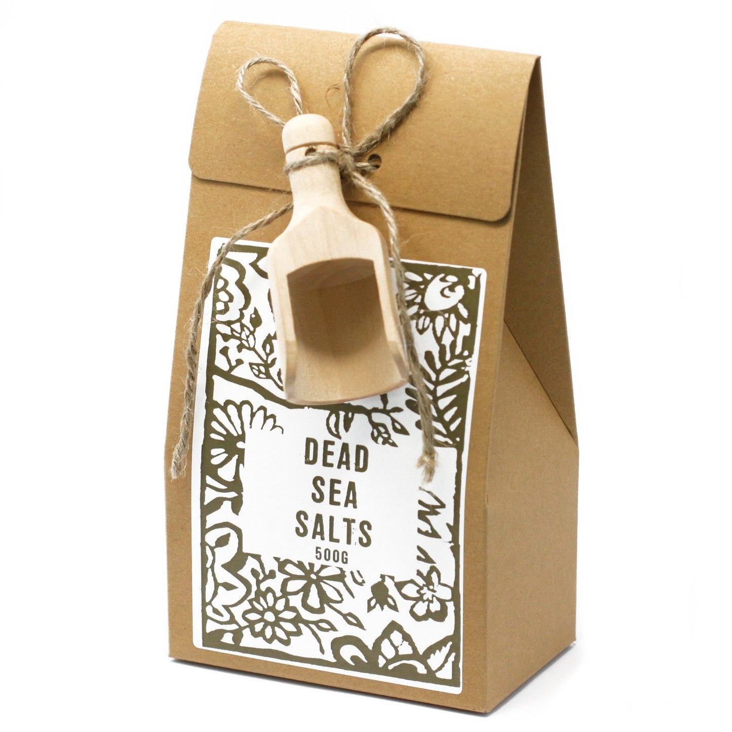 Reines Totes-Meer-Badesalz 500g in brauner Pappschachtel mit Holzlöffel.