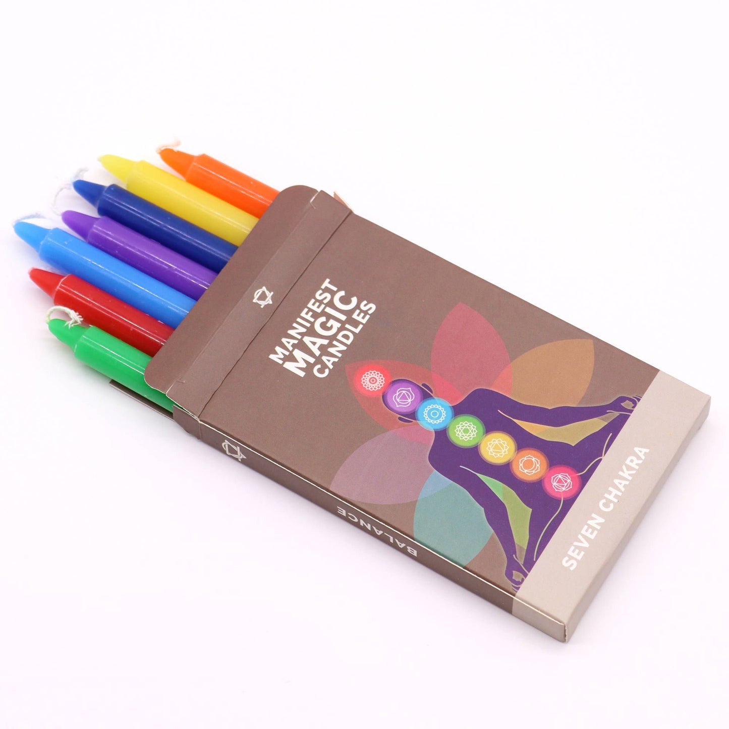 Bunte Manifestationskerzen im Seven Chakra Design.