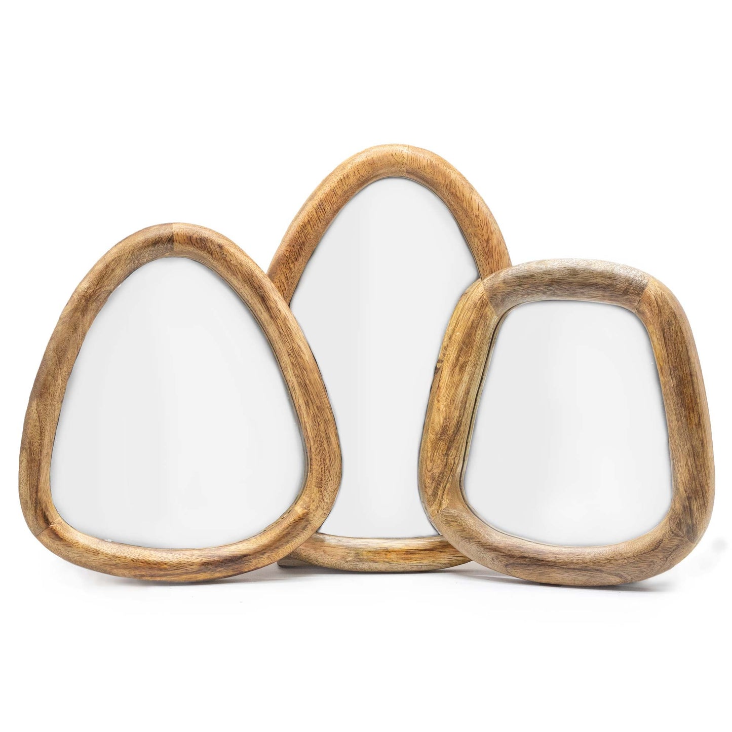 Set aus 3 organisch geformten Spiegeln aus Mangoholz.