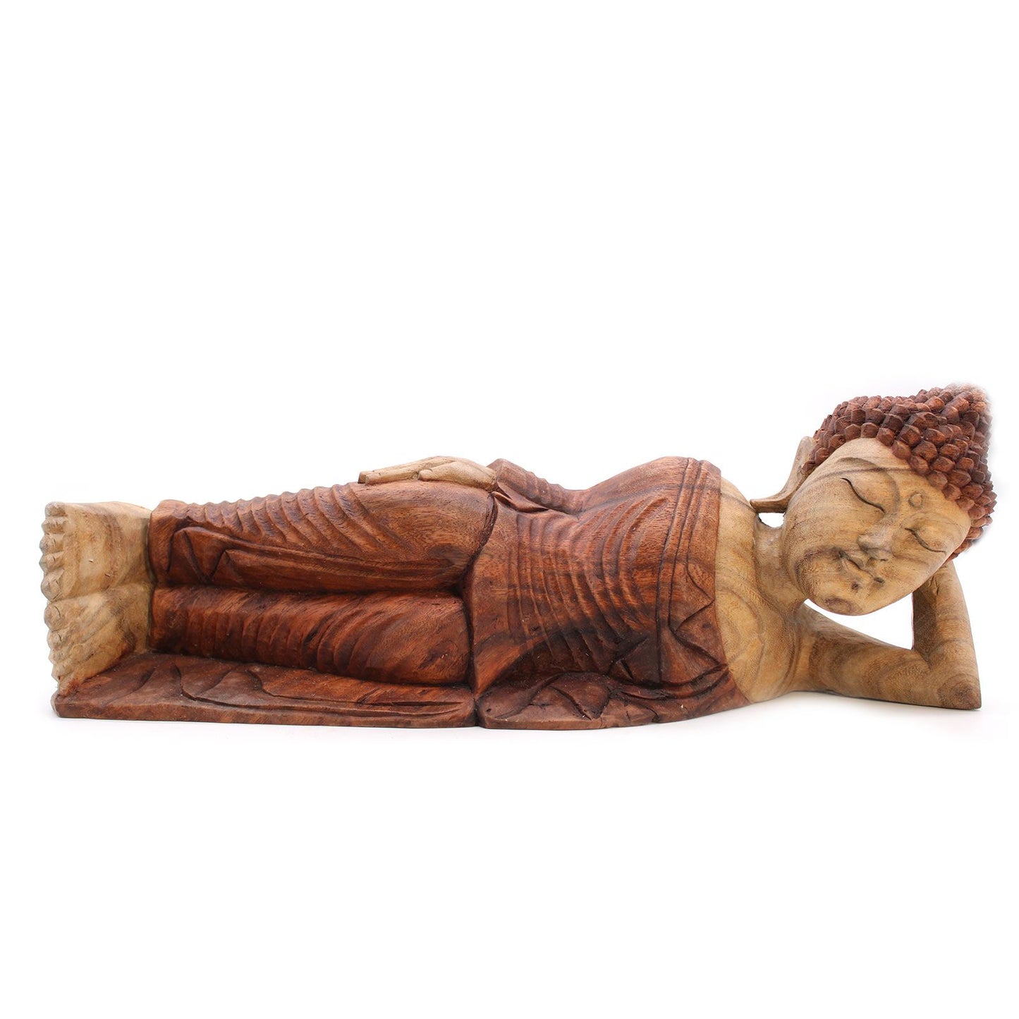 Hand carved wooden sleeping Buddha statue with detailed robes and hair.