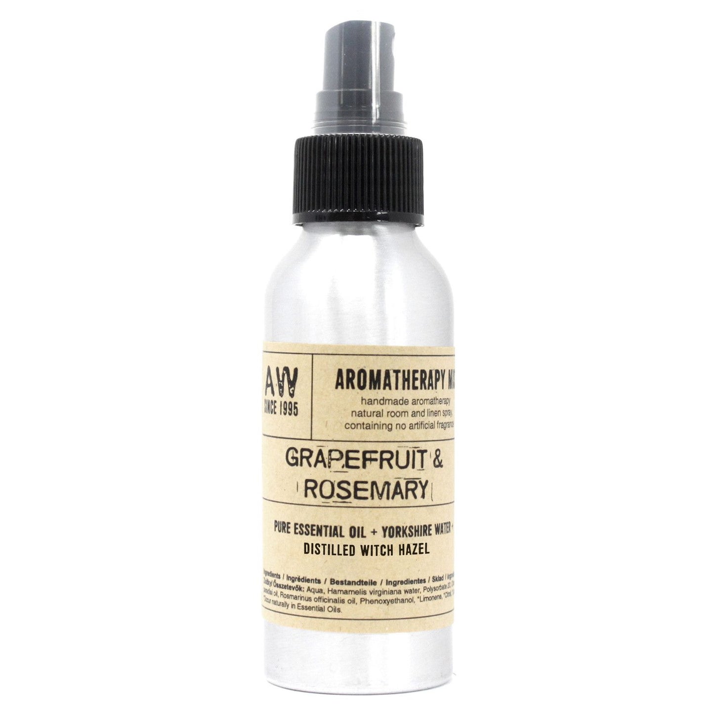 Aromatherapie-Spray mit Grapefruit und Rosmarin in einer silbernen Sprühflasche.