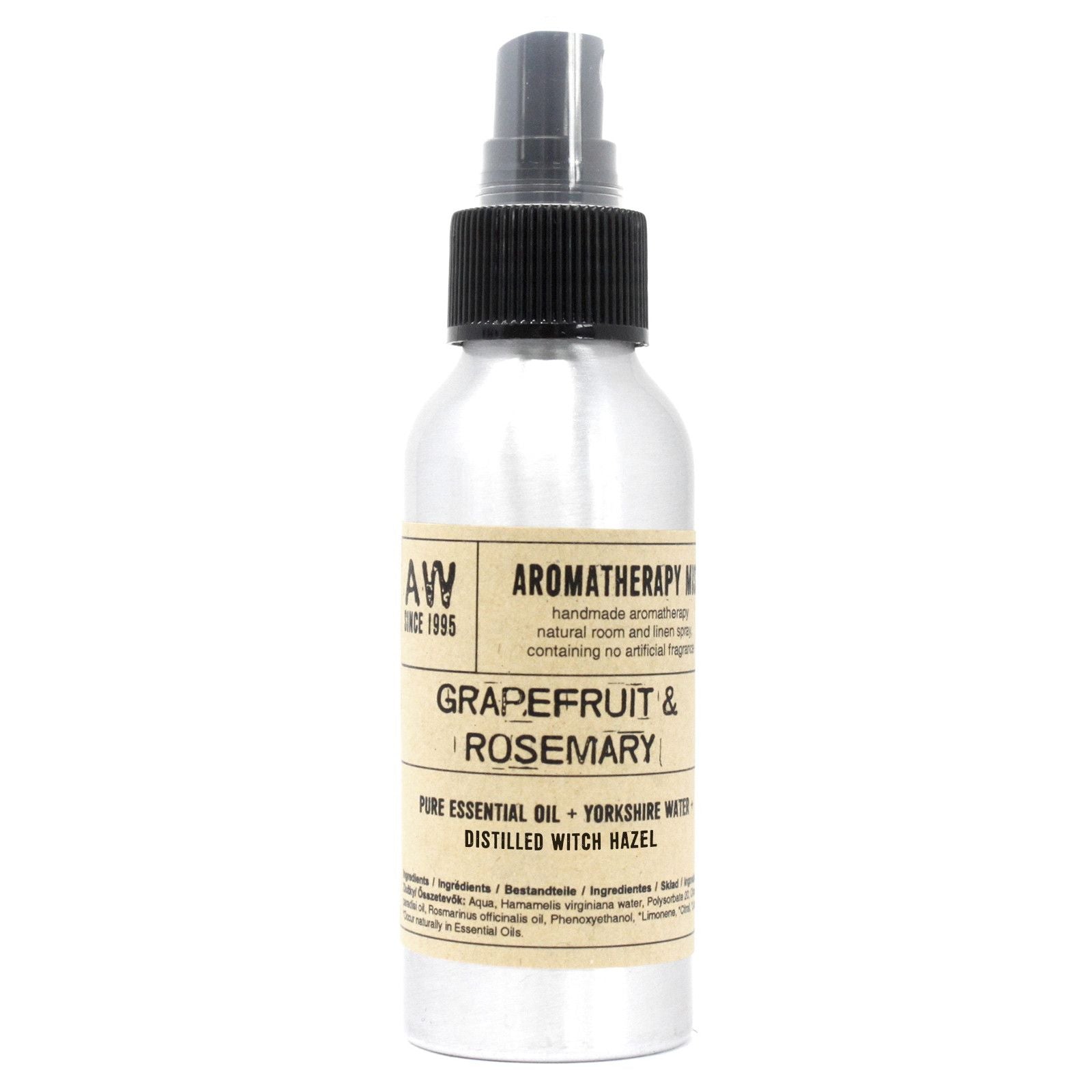Aromatherapie-Spray mit Grapefruit und Rosmarin in einer silbernen Sprühflasche.