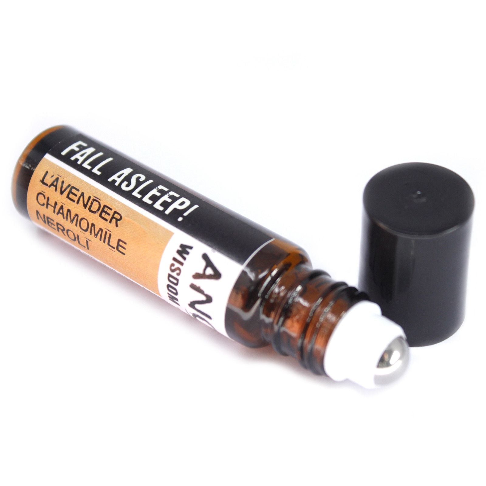 Roll-on Flasche mit "Fall Asleep!" Aufschrift und ätherischen Ölen.