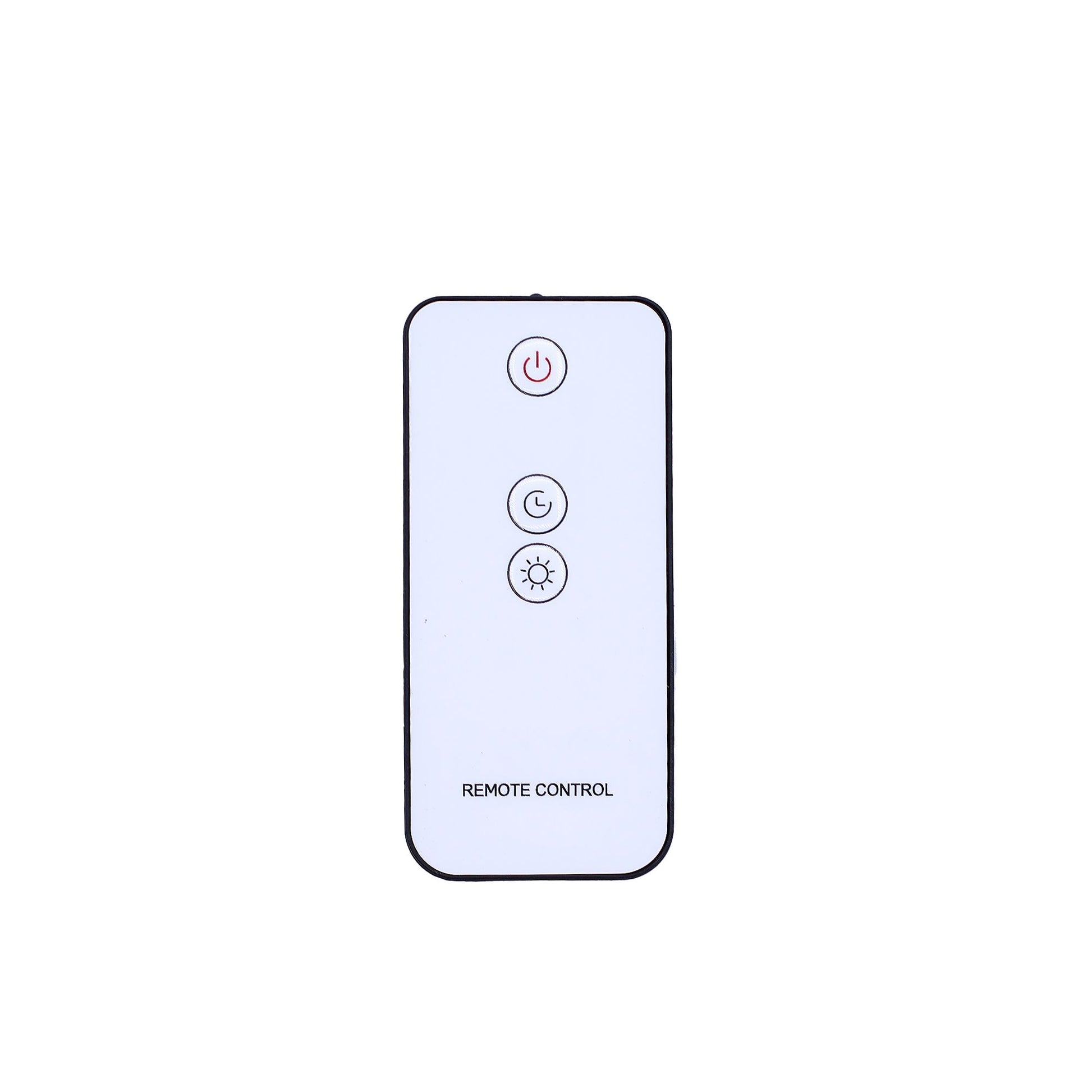 White remote control with power, timer, and light buttons.