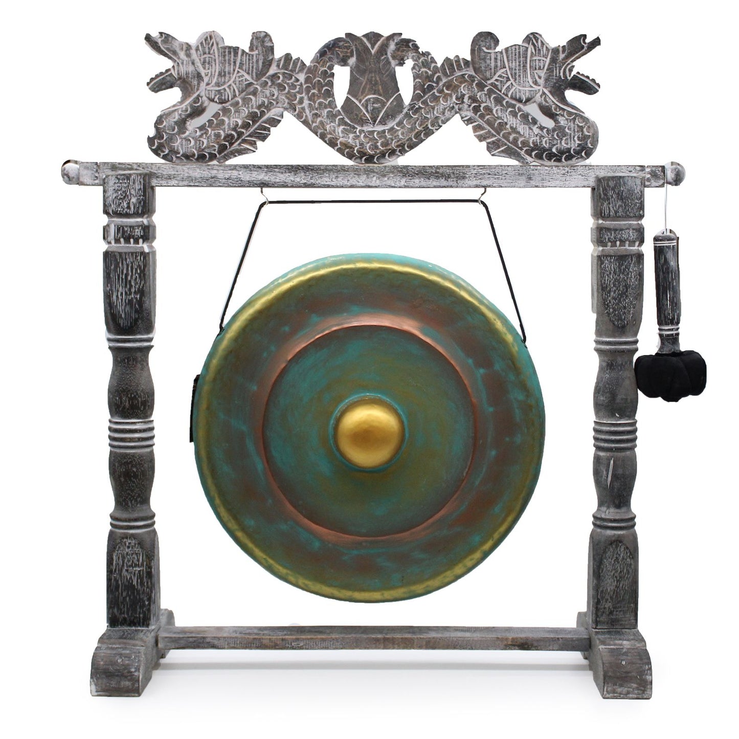 Handgefertigter Heil-Gong mit Drachenmotiv-Ständer, 50cm Durchmesser, grün.