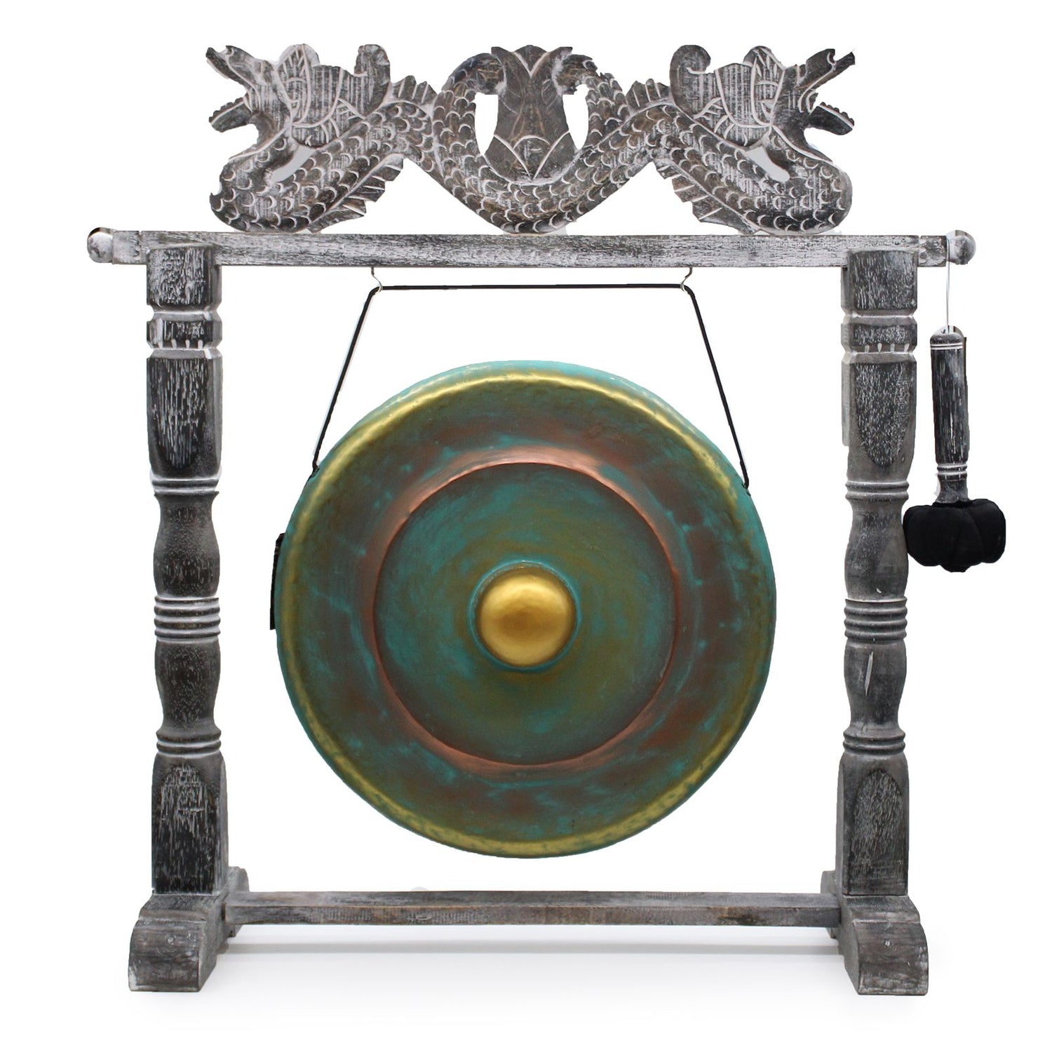 Handgefertigter Heil-Gong mit Drachenmotiv-Ständer, 50cm Durchmesser, grün.