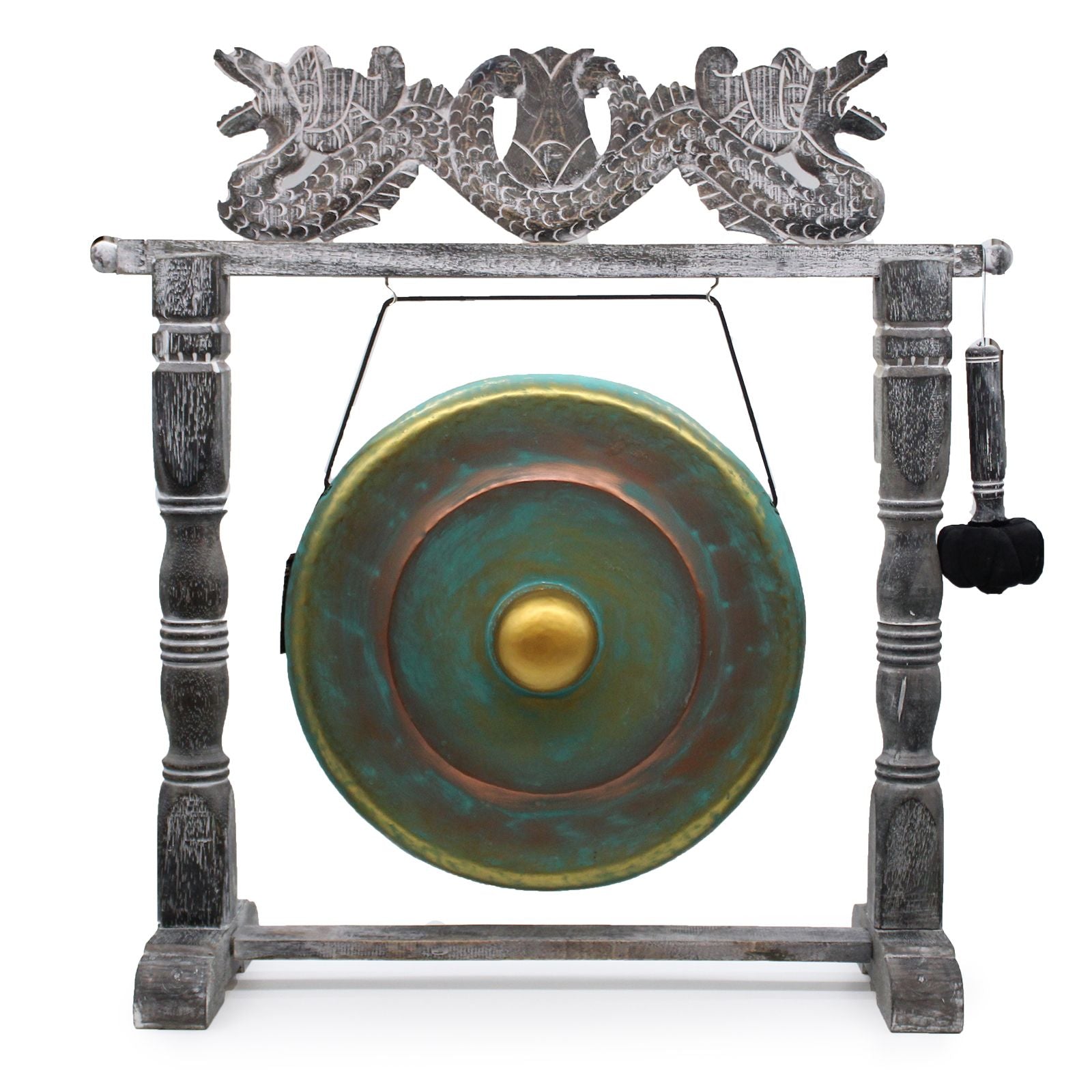 Handgefertigter Heil-Gong mit Drachenmotiv-Ständer, 50cm Durchmesser, grün.