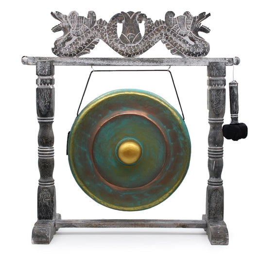 Handgefertigter Heil-Gong mit Drachenmotiv-Ständer, 50cm Durchmesser, grün.