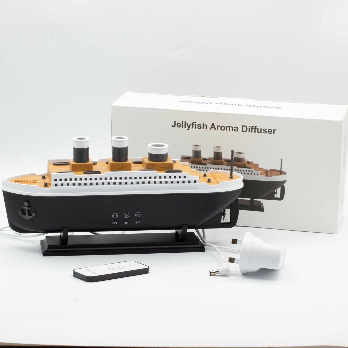 Ship-shaped aroma diffuser with puff effect, colour-changing LED, and remote control.