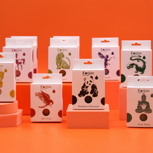 Konjac sponges with animal and nature-themed designs on white boxes.