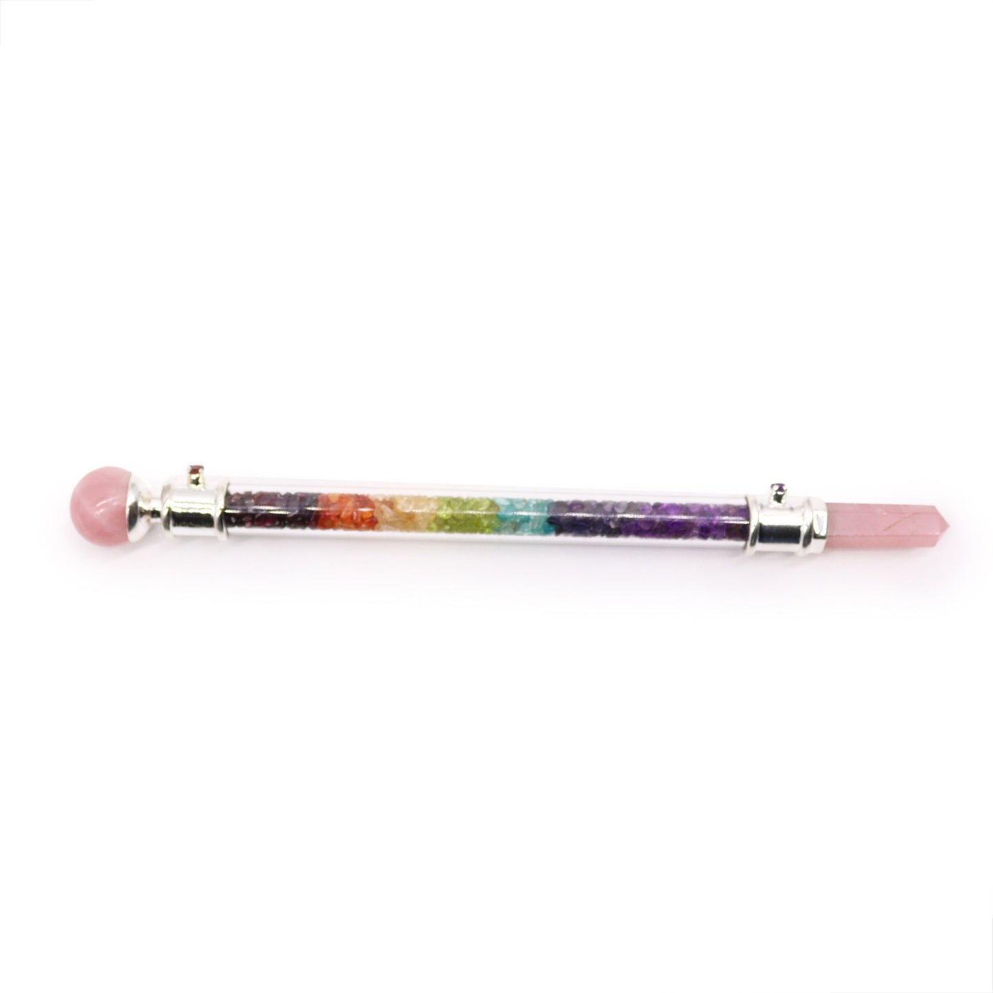 7 chakra crystal healing wand with rose quartz ends.