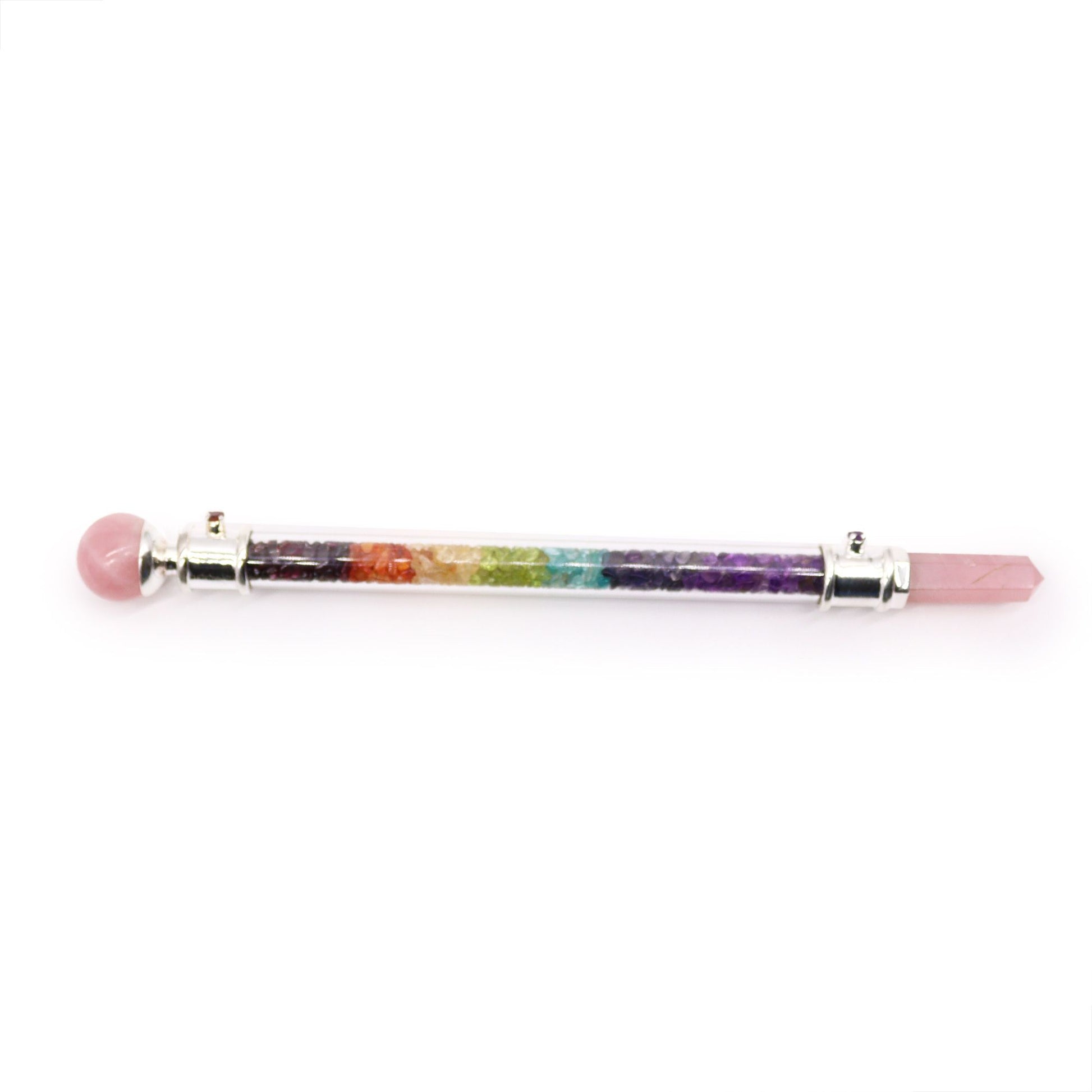 7 chakra crystal healing wand with rose quartz ends.