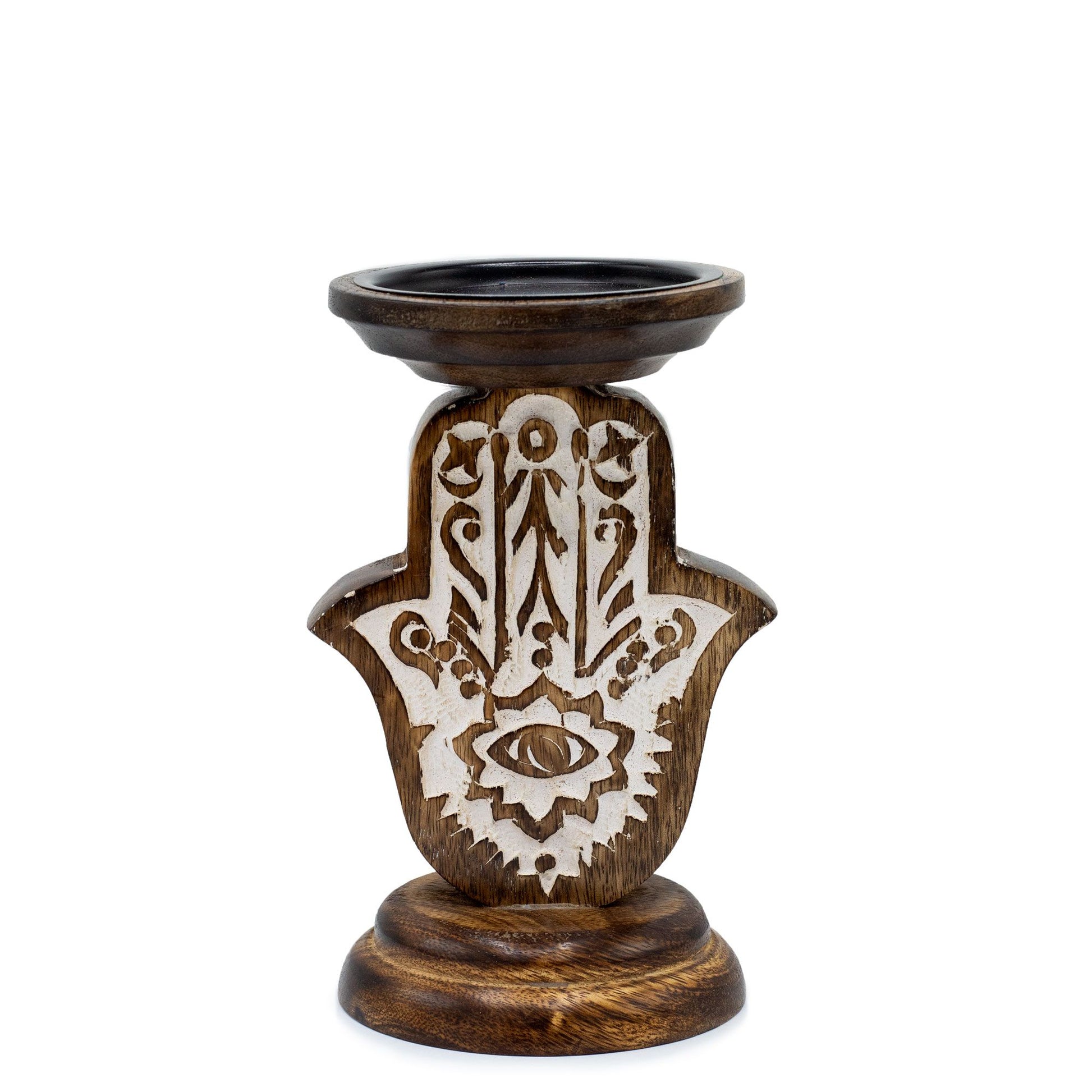 Small mango wood Hamsa hand candle stand with intricate carvings.