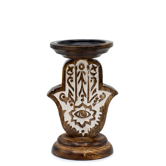 Small mango wood Hamsa hand candle stand with intricate carvings.