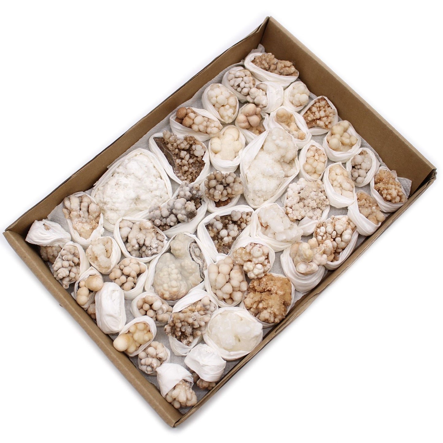 Eine Schachtel mit etwa 20 rohen Blumen-Calcit-Steinen in Weiß- und Hellbrauntönen.