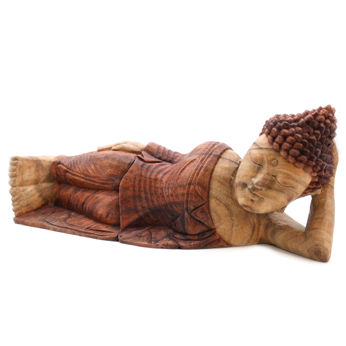 Hand carved wooden statue of a reclining Buddha.