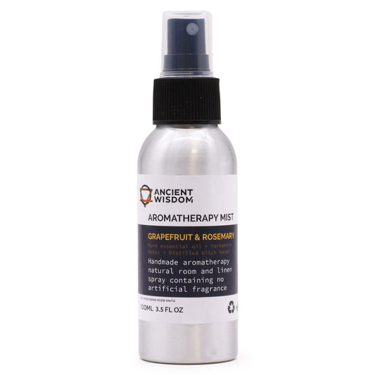 Aromatherapie-Spray mit Grapefruit & Rosmarin in einer silbernen Sprühflasche.