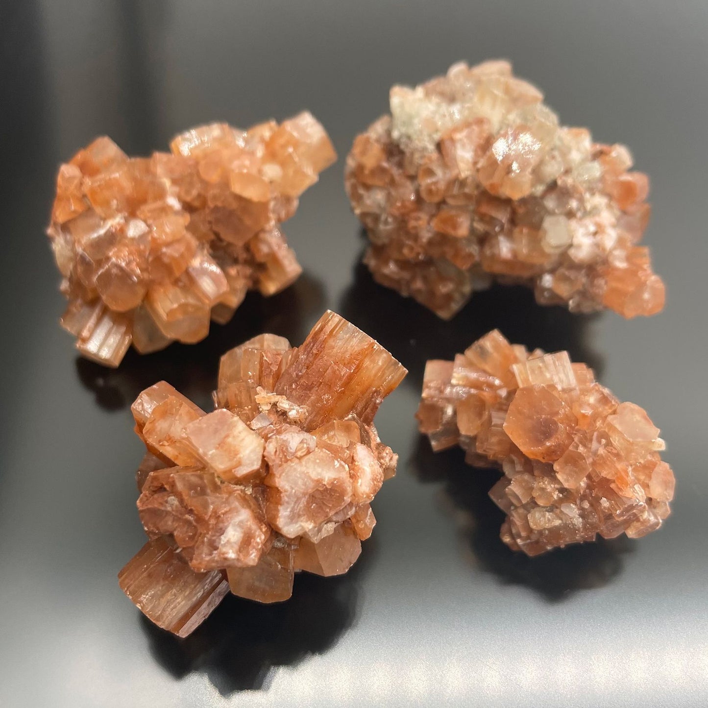 Vier rohe, orangefarbene Aragonit-Kristallcluster, die wie Blumen aussehen.