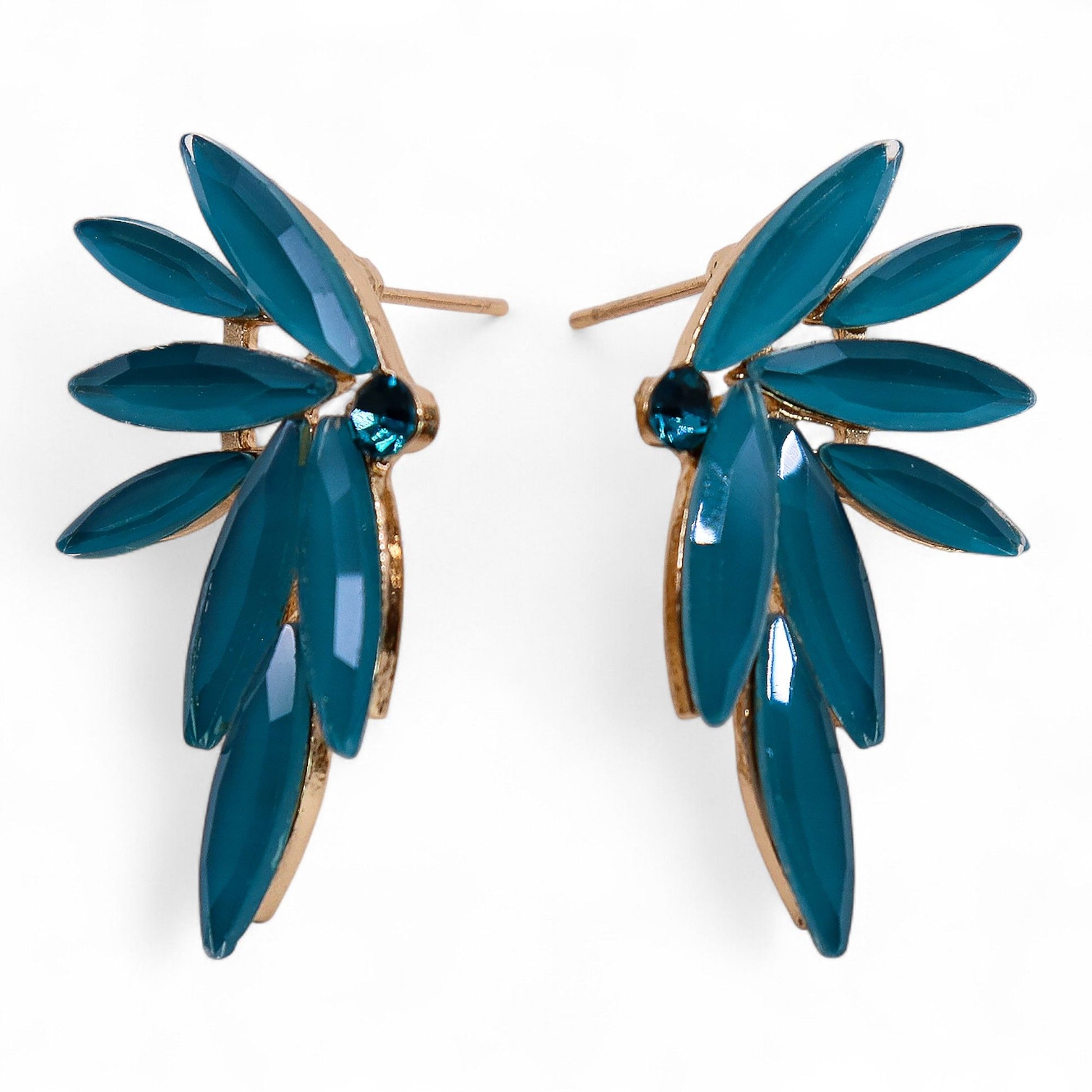 Teal green vintage glass earrings with gold accents.