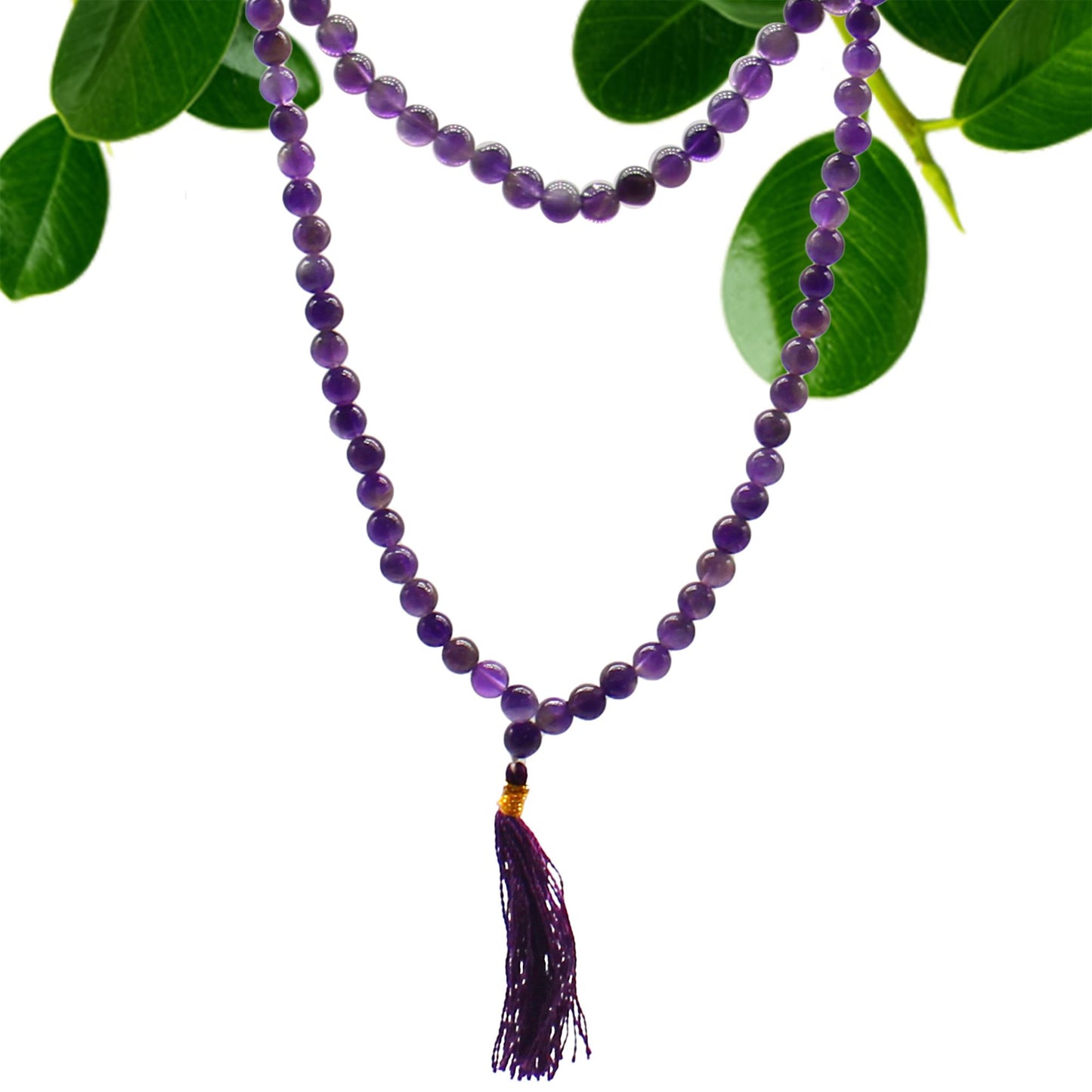 108 amethyst beads on a mala with a purple tassel.